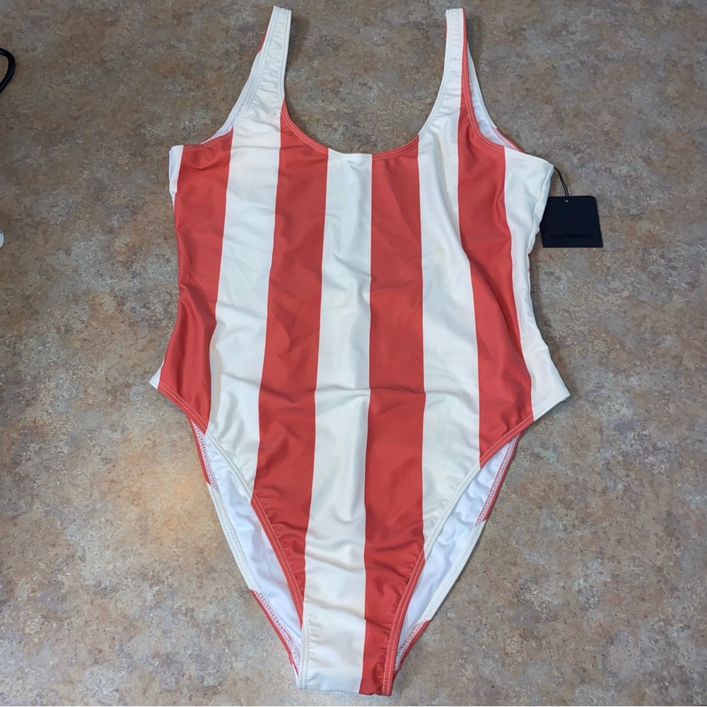 New With Tags DixPerfect Striped Red & White One Piece Swimsuit Open Back XL